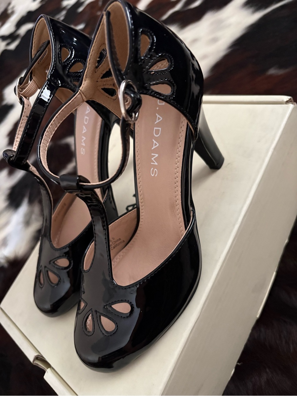 J. Adams Black Patent T-Strap Cutout Heels | 5.5